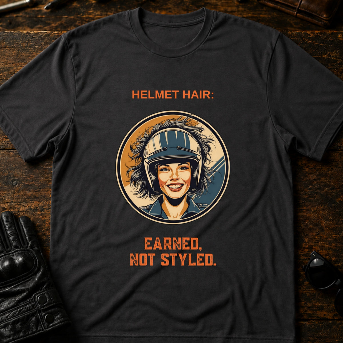 Helmet Hair Earned Not Styled T-Shirt, charcoal
