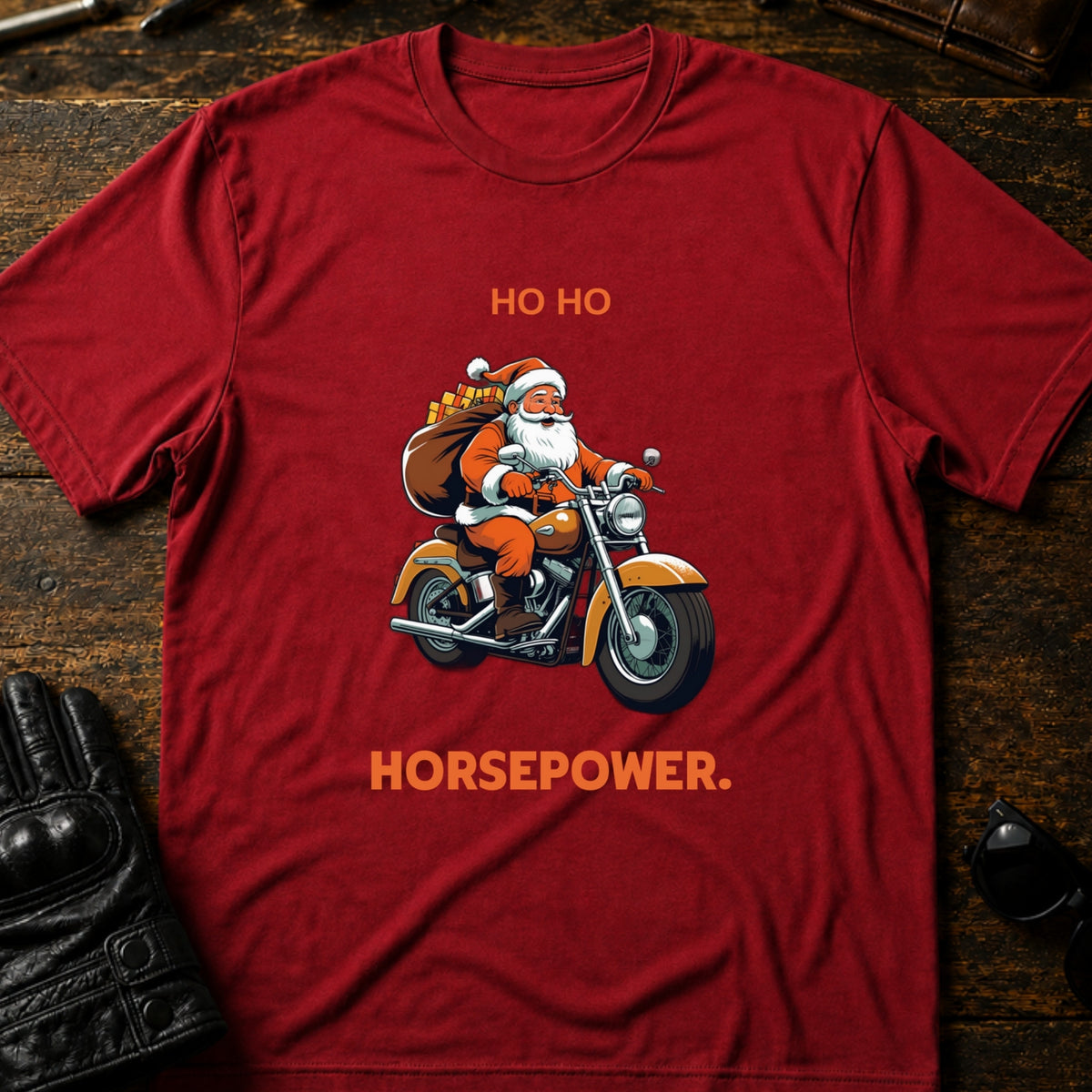 Ho Ho Horsepower Santa Motorcycle Christmas T-Shirt, cardinal red