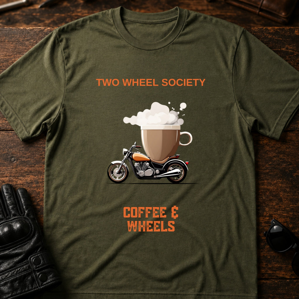 Coffee and Wheels T-Shirt - mockup 2 military green