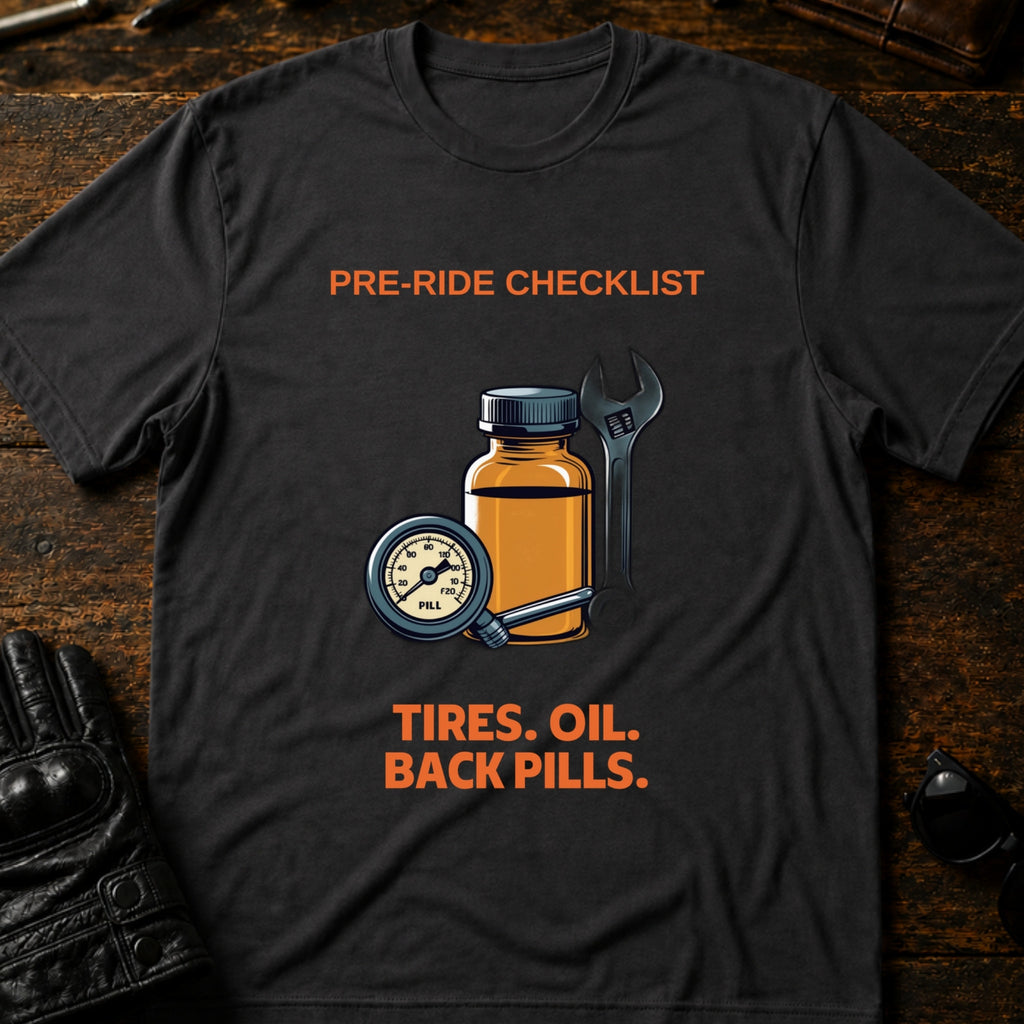 Pre-Ride Checklist Back Pills T-Shirt - mockup 3 charcoal