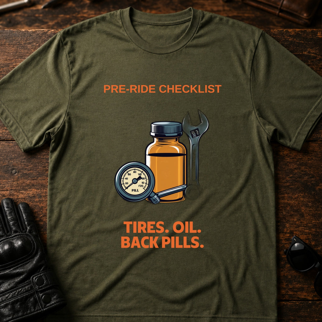 Pre-Ride Checklist Back Pills T-Shirt - mockup 2 military green