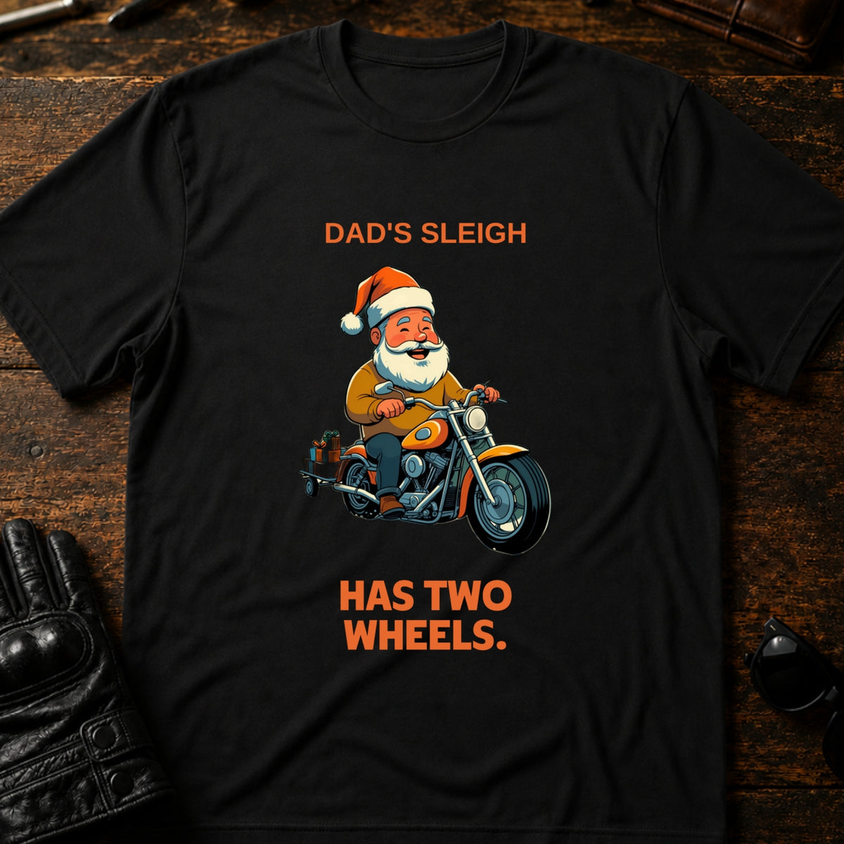 Dads Sleigh Has Two Wheels Christmas Motorcycle T-Shirt, black