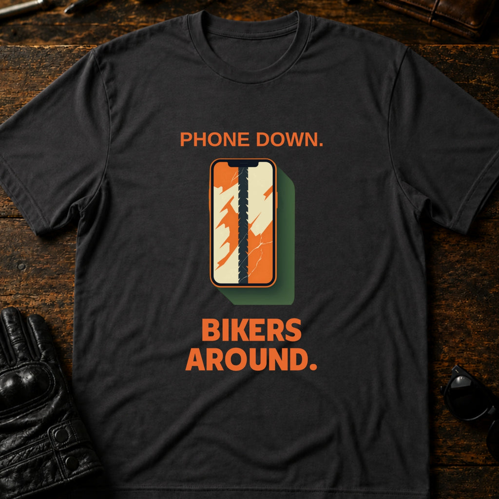 Phone Down Bikers Around Motorcycle Awareness T-Shirt - mockup 3 charcoal