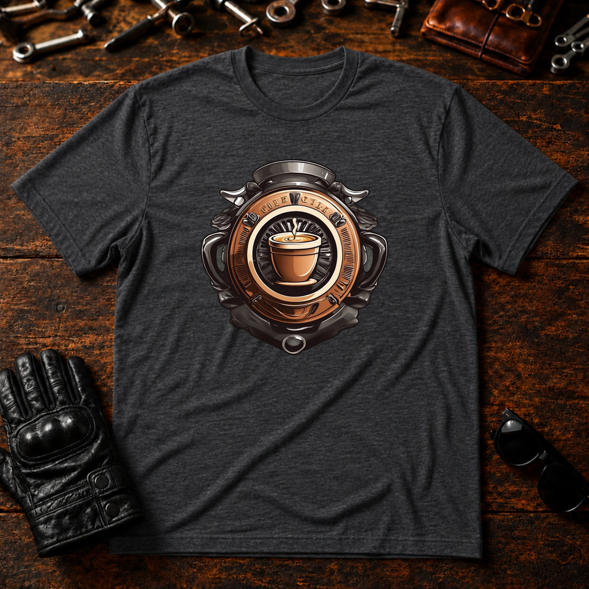 Coffee and Wheels Emblem T-Shirt - mockup 8 dark heather