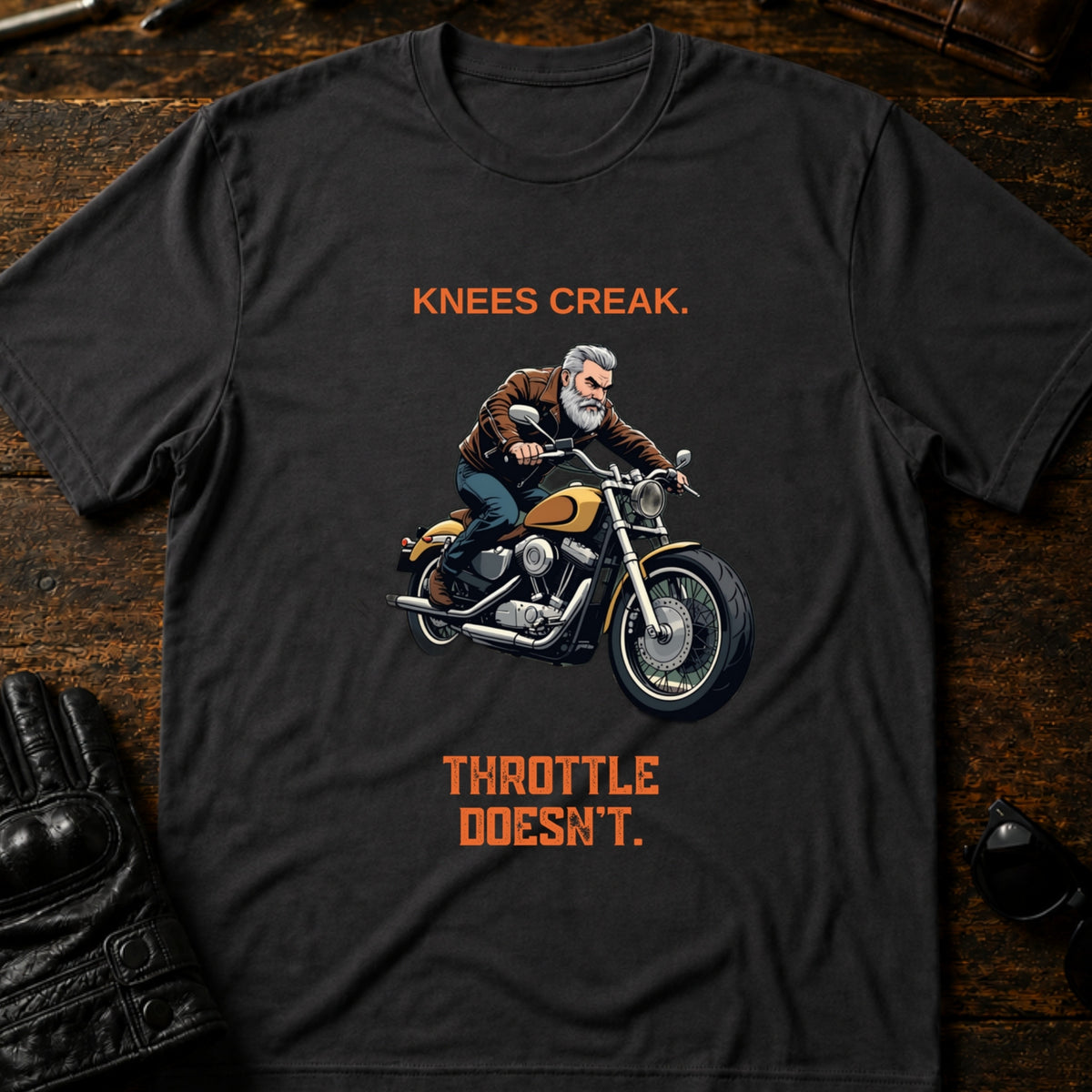 Knees Creak Throttle Doesnt Older Rider T-Shirt, charcoal