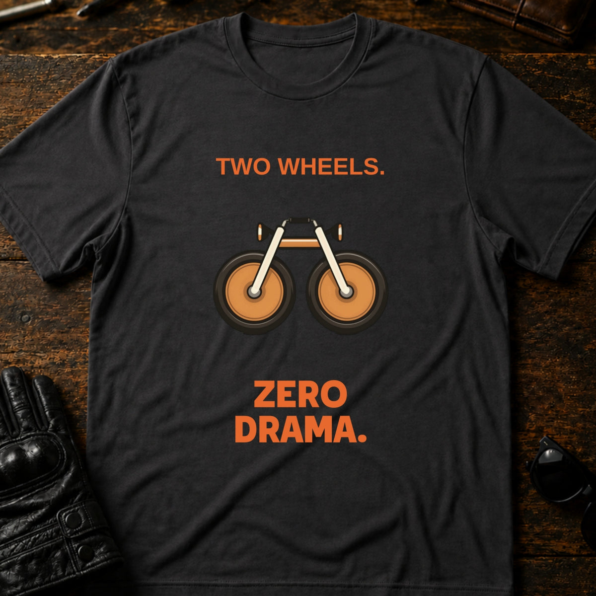 Two Wheels Zero Drama Motorcycle T-Shirt, charcoal