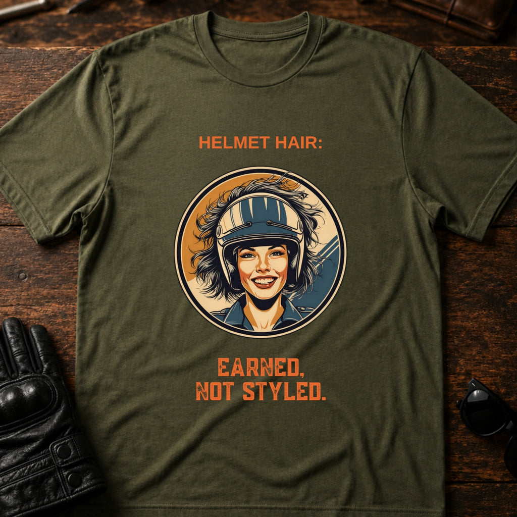 Helmet Hair Earned Not Styled T-Shirt - mockup 2 military green