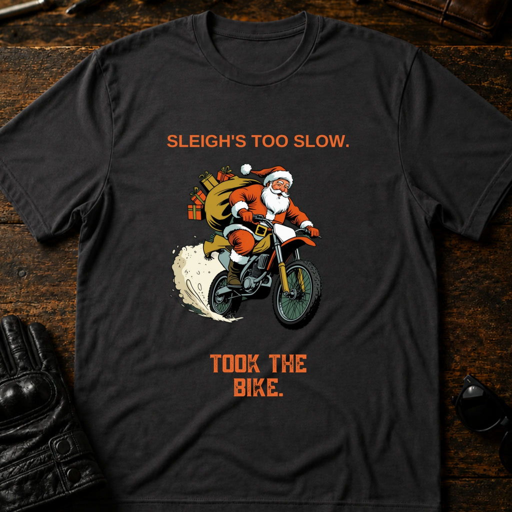 Sleighs Too Slow Took The Bike Santa T-Shirt - mockup 3 charcoal
