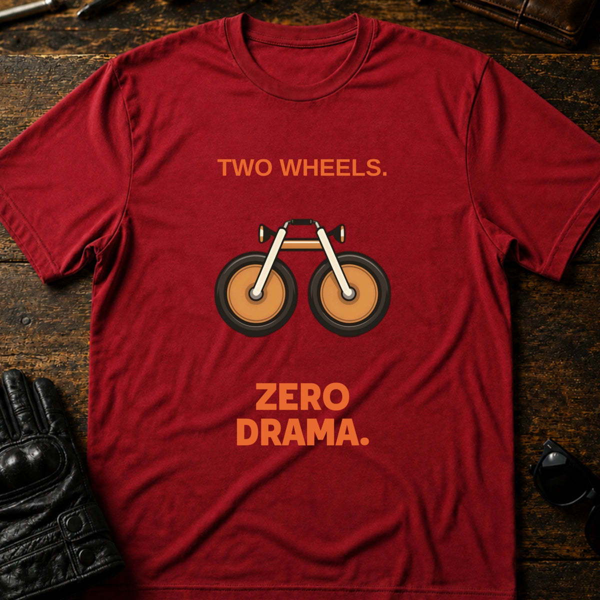Two Wheels Zero Drama Motorcycle T-Shirt, cardinal red