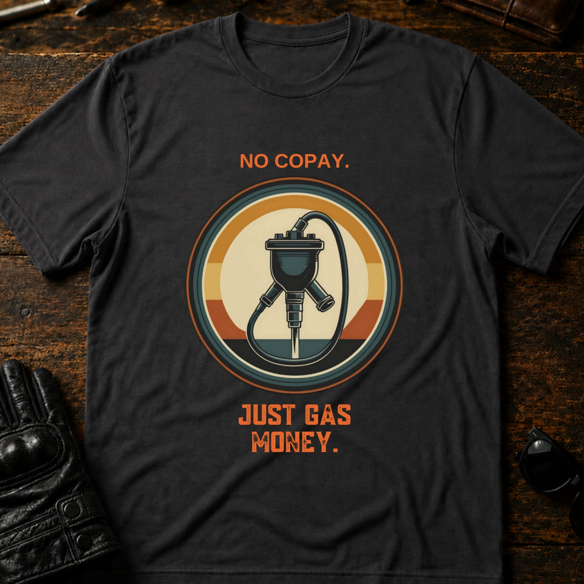 No Copay Just Gas Money Motorcycle Therapy T-Shirt, charcoal