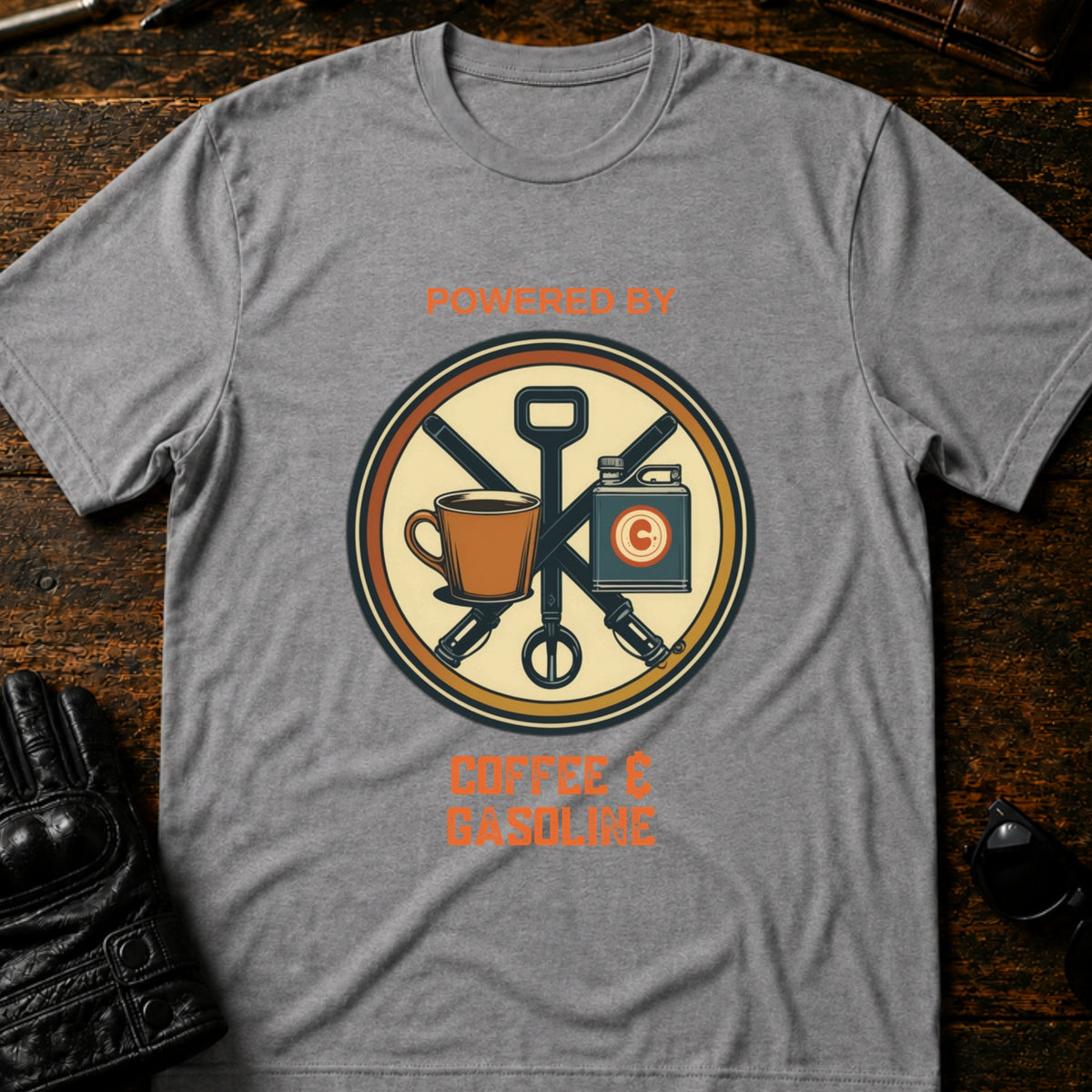 Powered By Coffee And Gasoline Two Wheel Society T-Shirt, sport gray