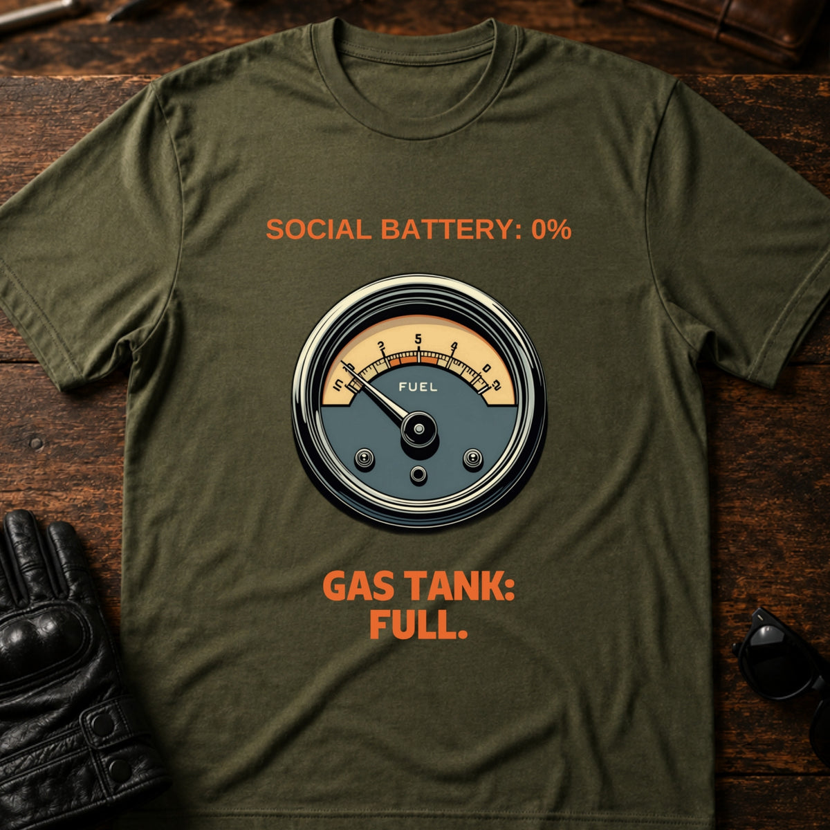 Social Battery Empty Gas Tank Full Introvert Biker T-Shirt, military green