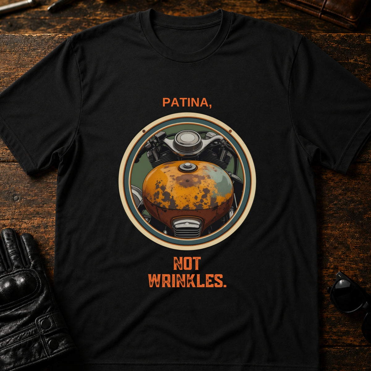 Patina Not Wrinkles Vintage Motorcycle T-Shirt, black