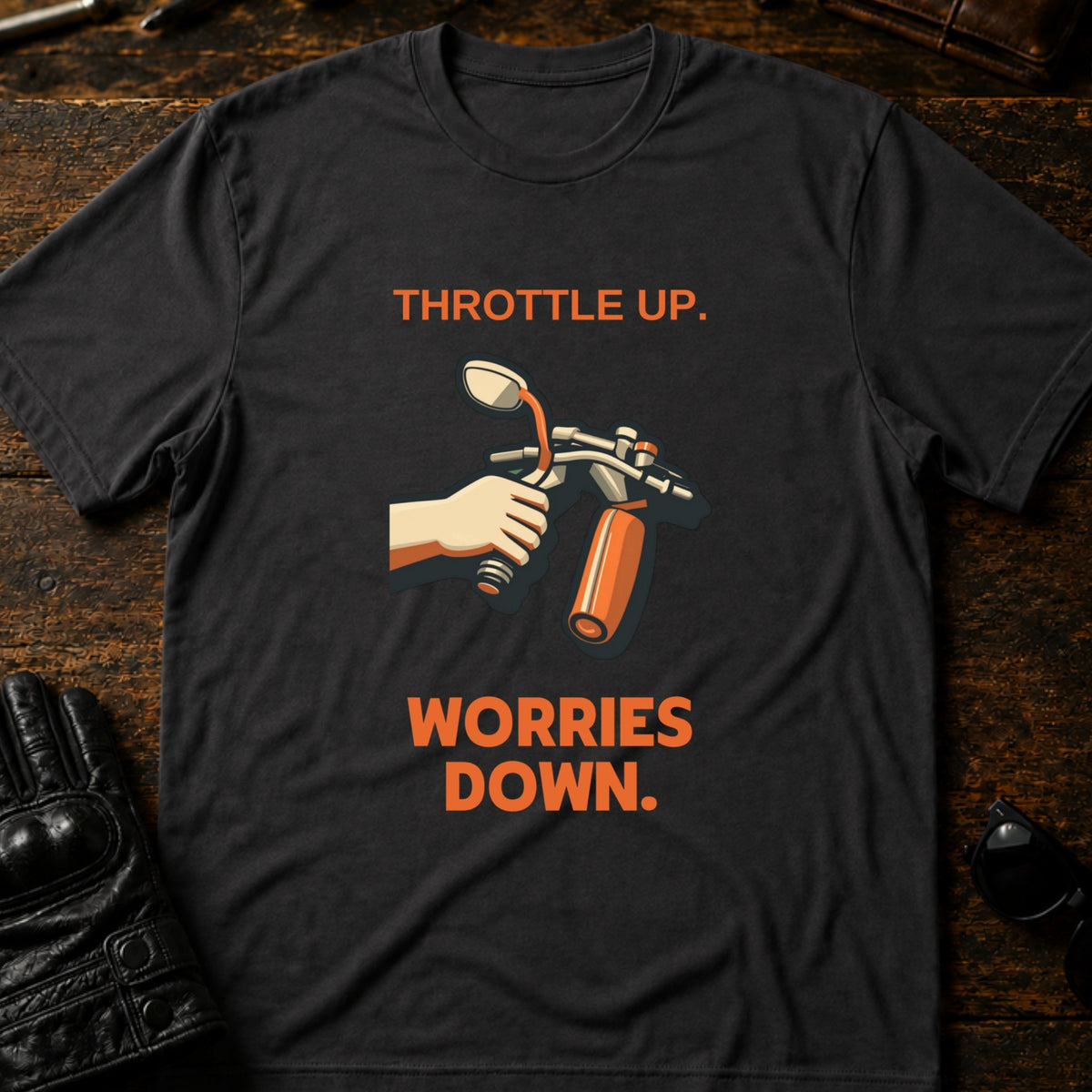 Throttle Up Worries Down Motorcycle T-Shirt, charcoal
