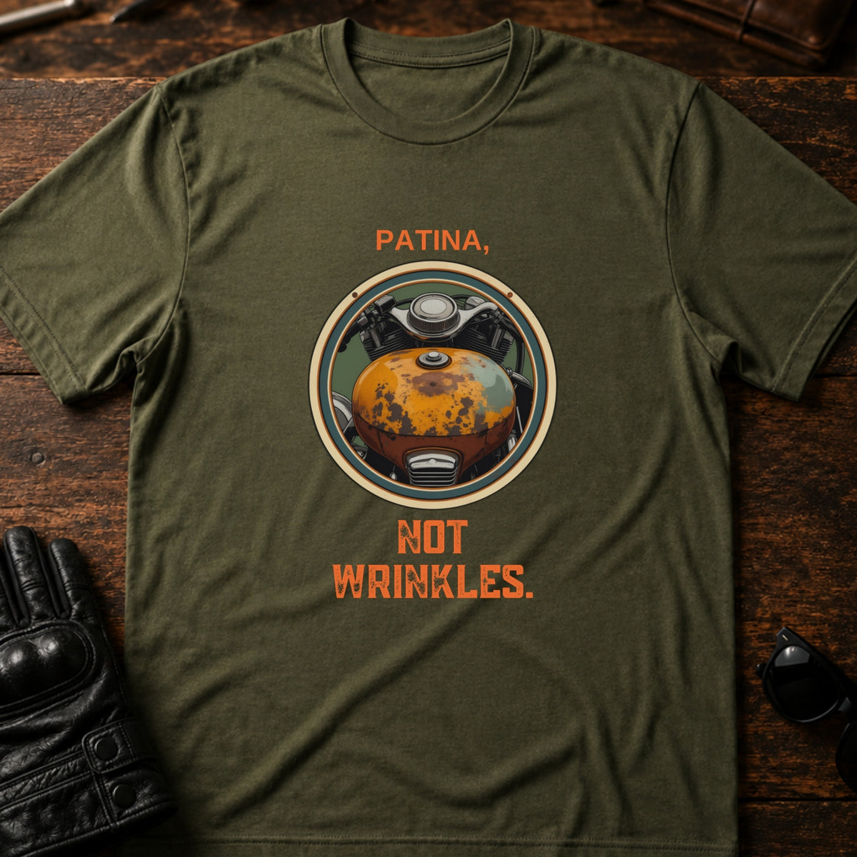 Patina Not Wrinkles Vintage Motorcycle T-Shirt, military green