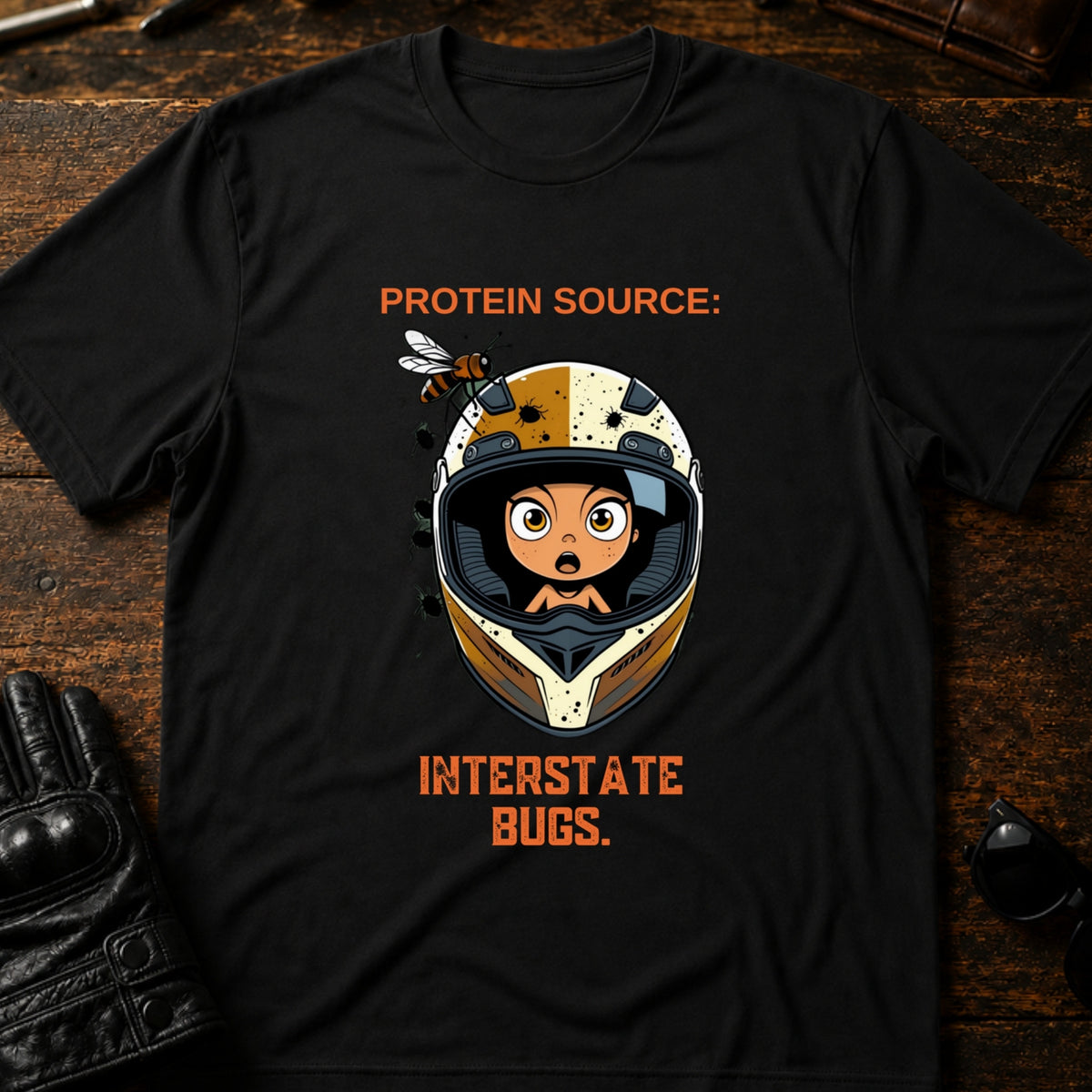Protein Source Interstate Bugs Funny Biker T-Shirt, black