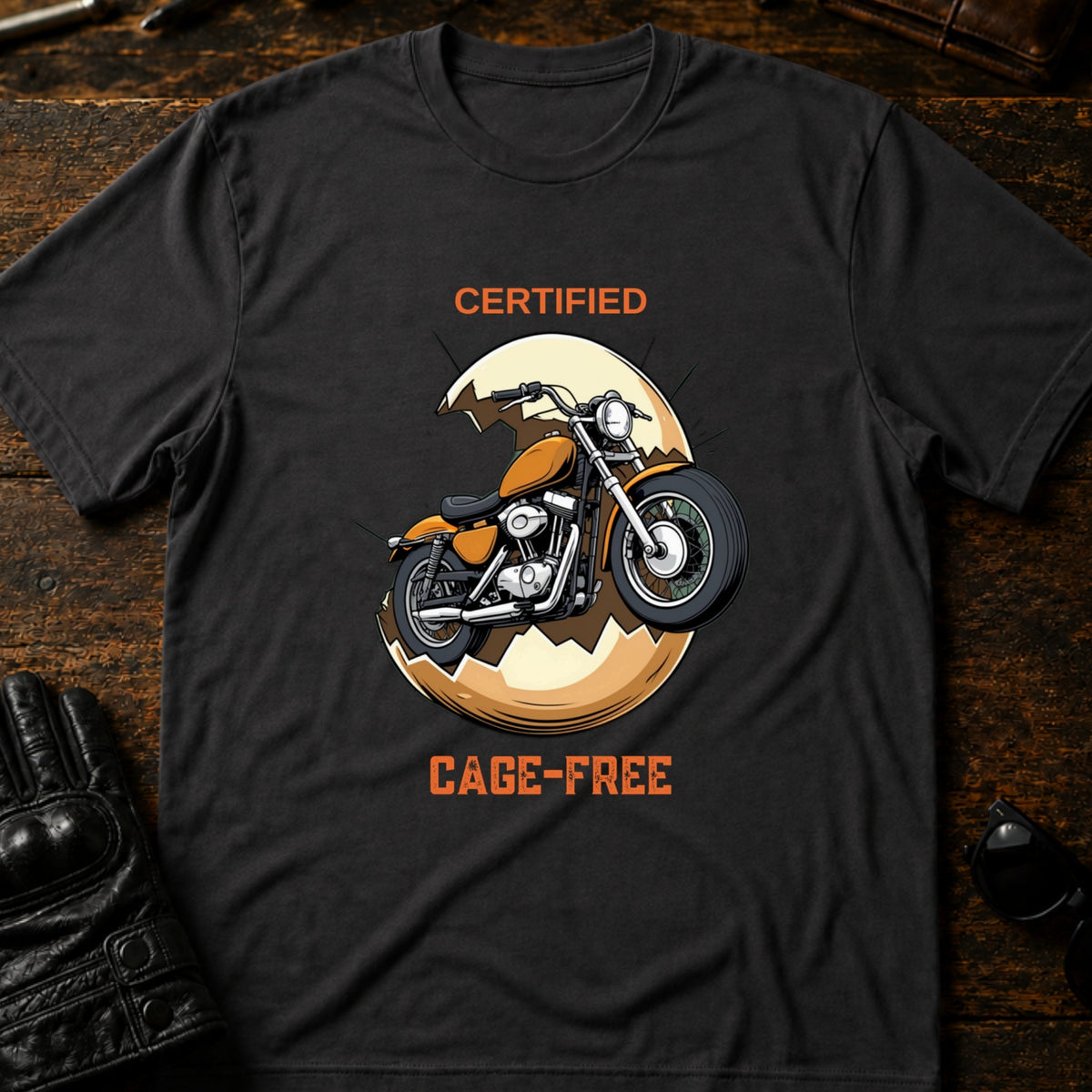 Certified Cage Free Funny Motorcycle T-Shirt, charcoal