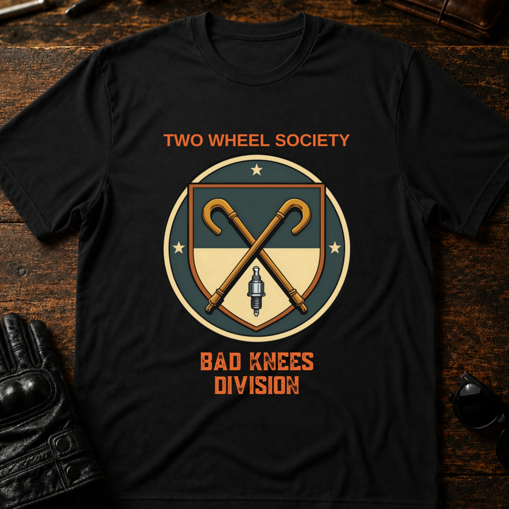 Two Wheel Society Bad Knees Division Biker T-Shirt - mockup 1 black