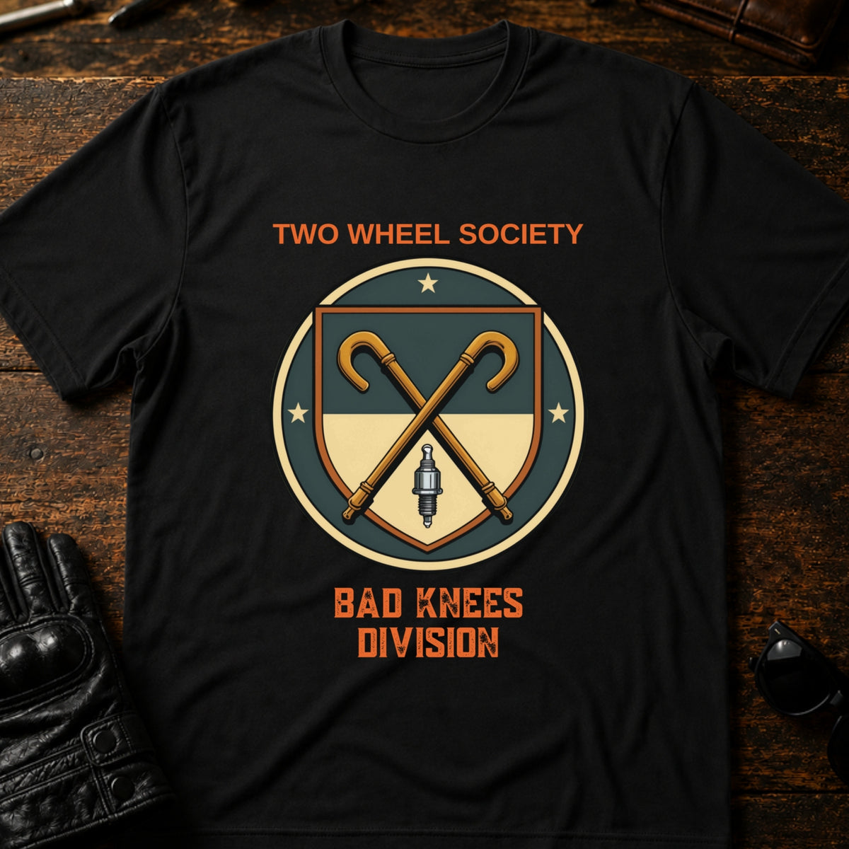 Two Wheel Society Bad Knees Division Biker T-Shirt, black