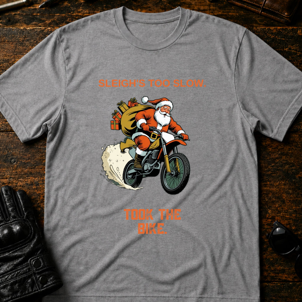 Sleighs Too Slow Took The Bike Santa T-Shirt - mockup 4 sport gray