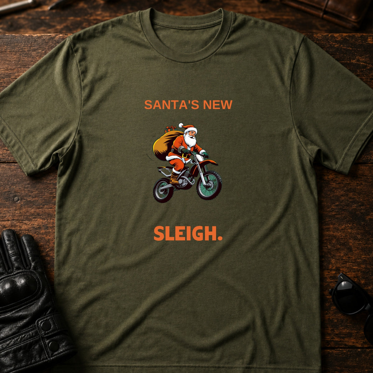 Santa Motocross Christmas Dirt Bike T-Shirt, military green