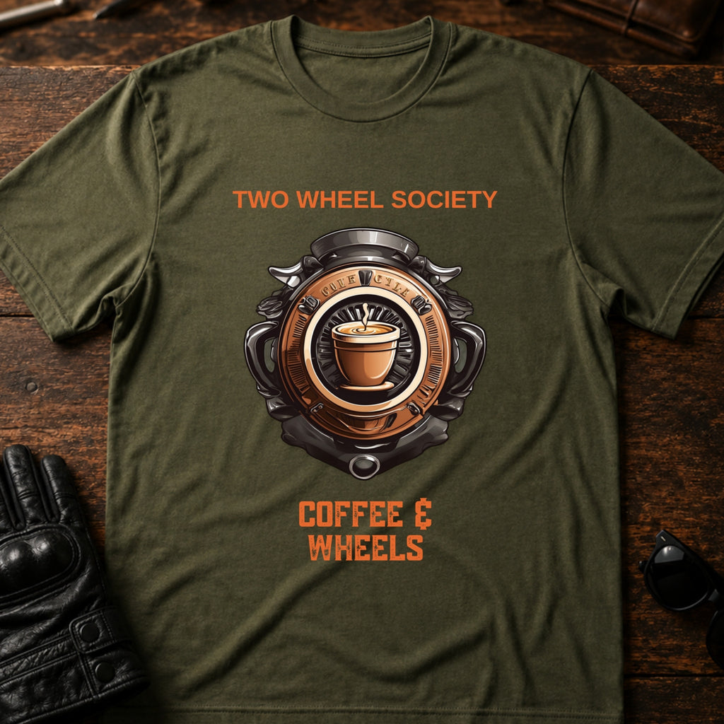 Coffee and Wheels Emblem T-Shirt - mockup 2 military green