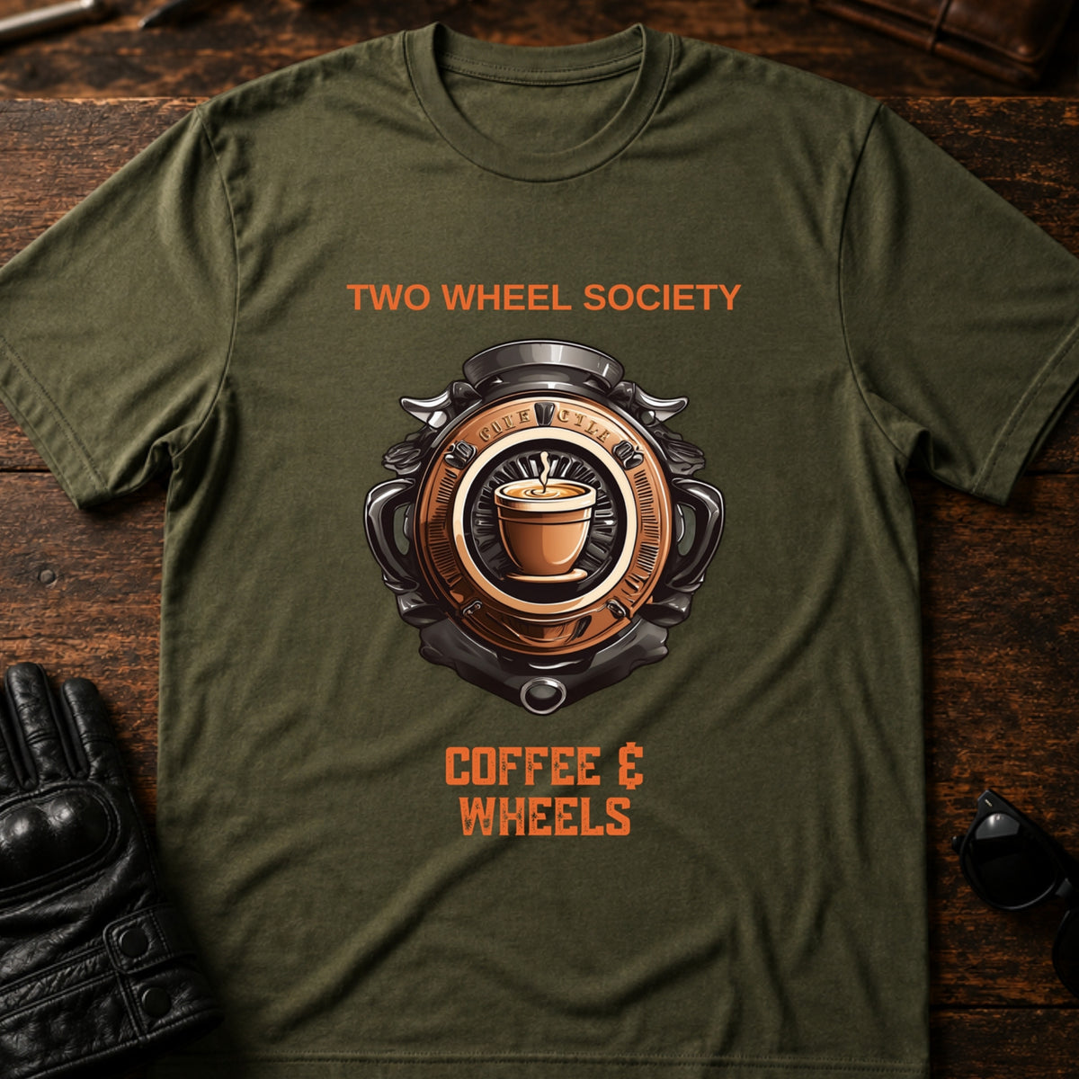 Coffee and Wheels Emblem T-Shirt, military green