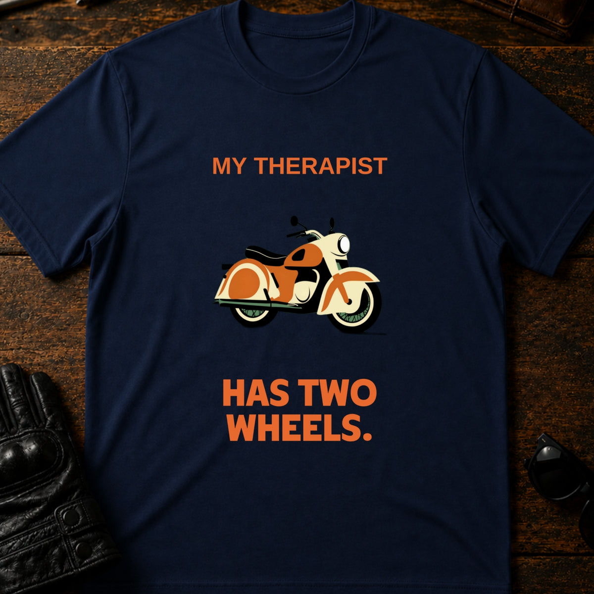 My Therapist Has Two Wheels Motorcycle T-Shirt, navy