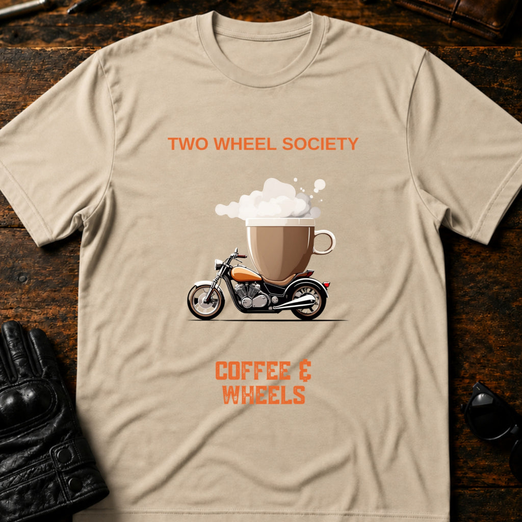 Coffee and Wheels T-Shirt - mockup 6 sand