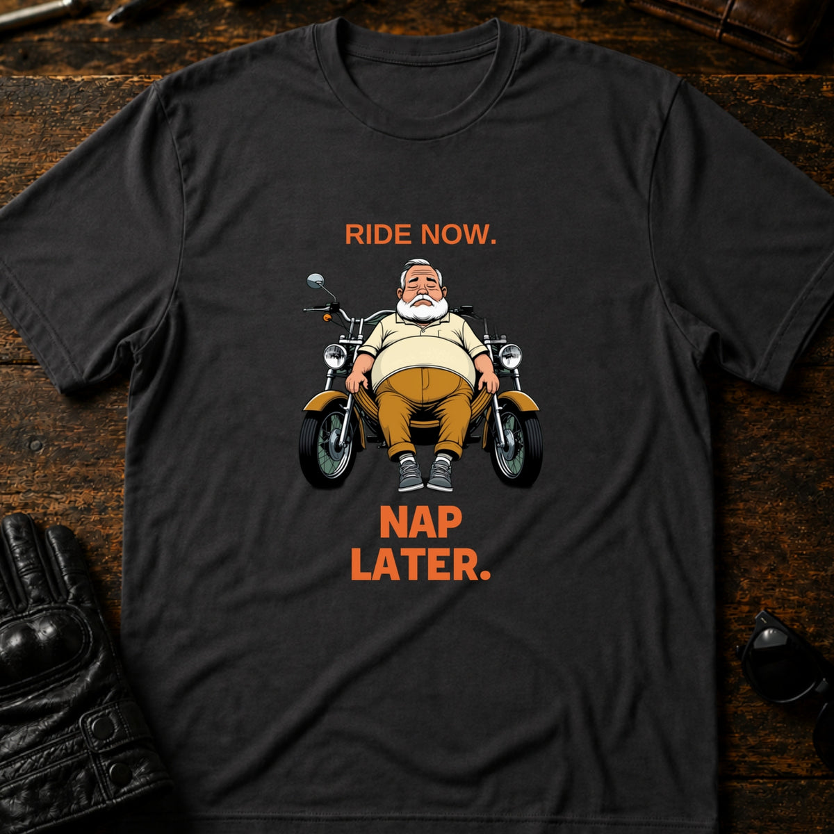 Ride Now Nap Later Grandpa Motorcycle T-Shirt, charcoal
