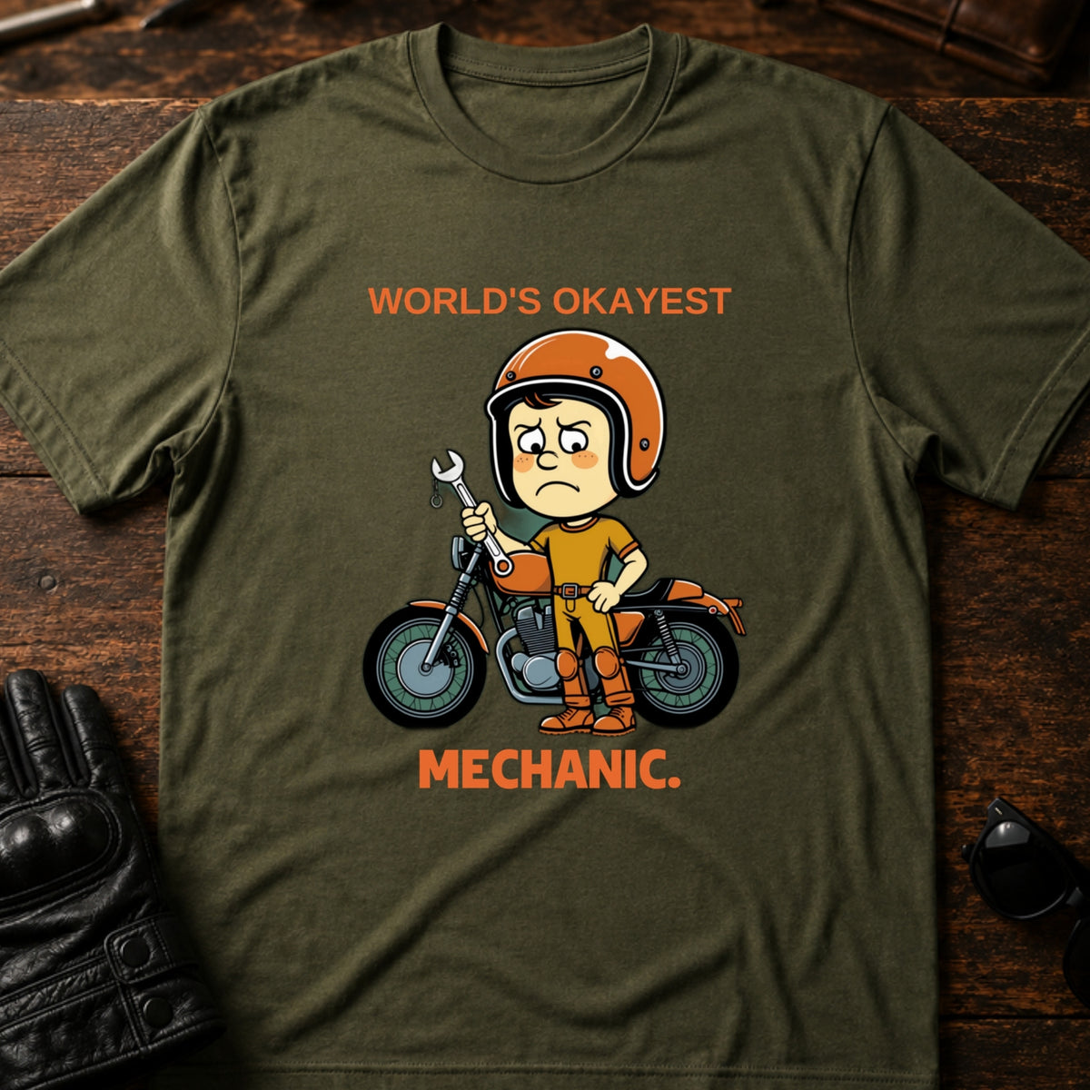 Worlds Okayest Mechanic Funny Motorcycle T-Shirt, military green