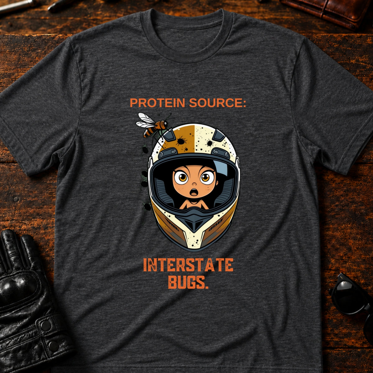 Protein Source Interstate Bugs Funny Biker T-Shirt, dark heather