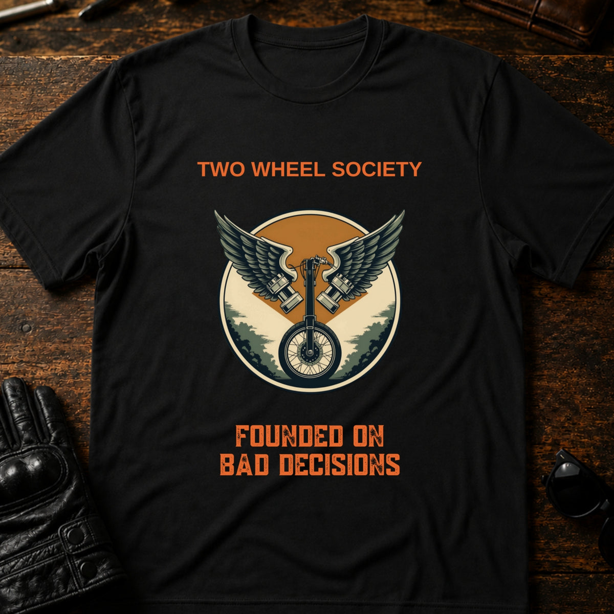 Two Wheel Society Founded On Bad Decisions T-Shirt, black