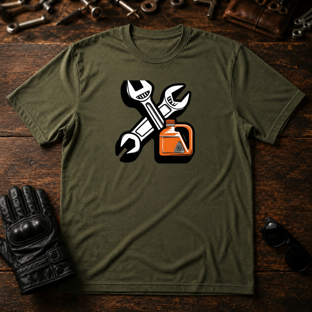 Wrench and Oil Emblem T-Shirt - mockup 2 military green