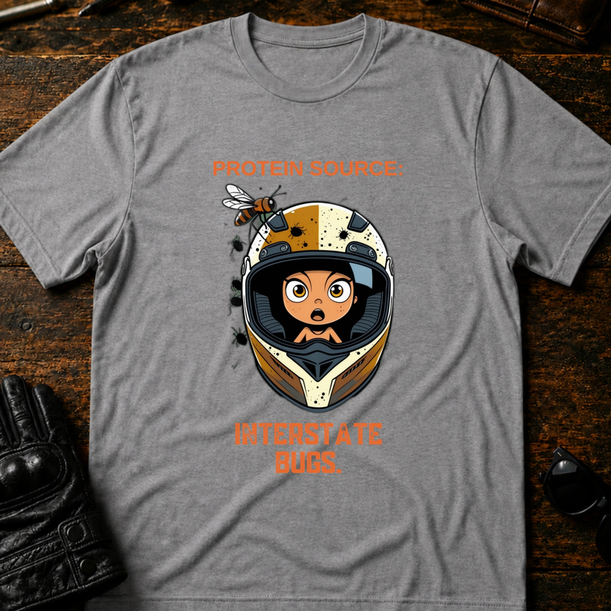 Protein Source Interstate Bugs Funny Biker T-Shirt, sport gray