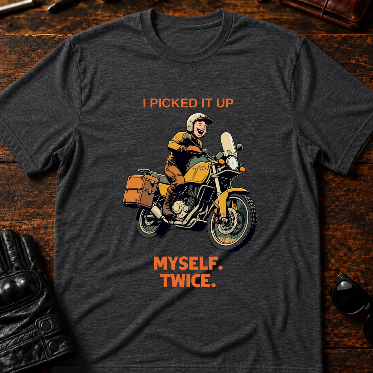 I Picked It Up Myself Twice Adventure Biker T-Shirt, dark heather