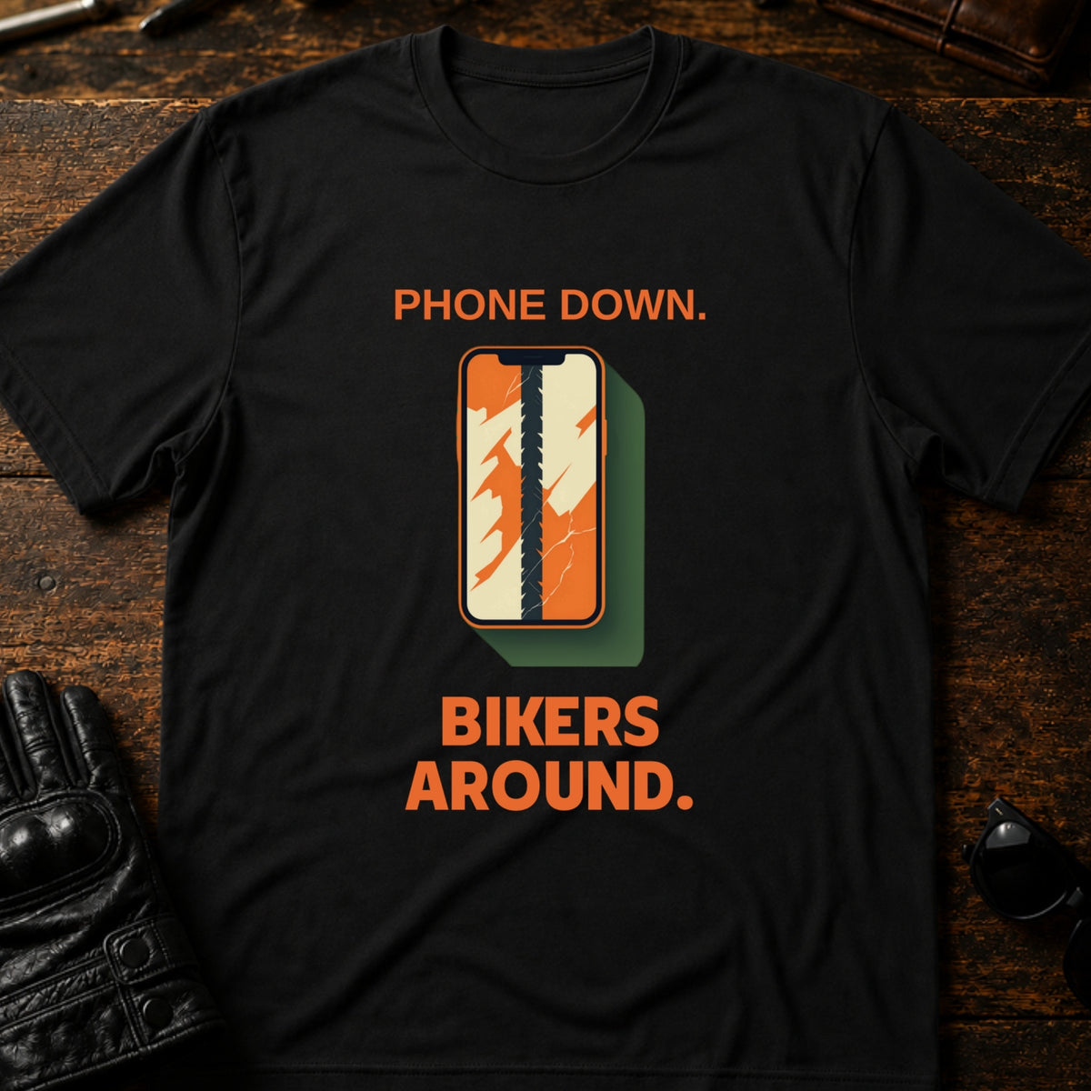 Phone Down Bikers Around Motorcycle Awareness T-Shirt, black