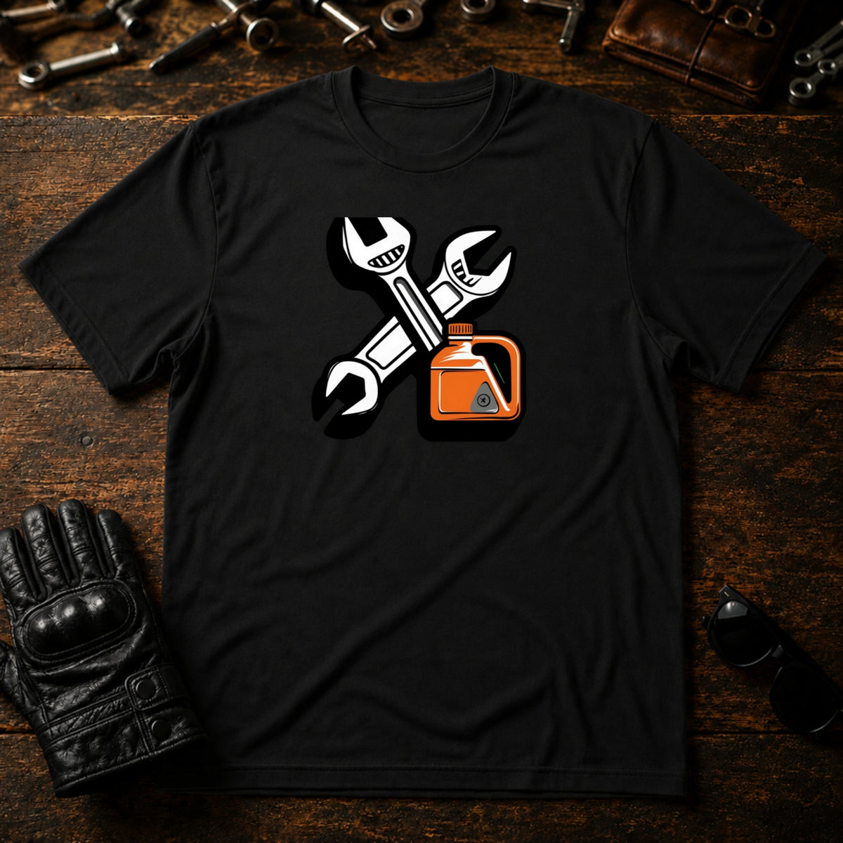 Wrench and Oil Emblem T-Shirt - mockup 1 black