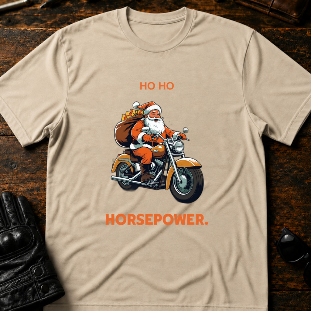 Ho Ho Horsepower Santa Motorcycle Christmas T-Shirt - mockup 6 sand