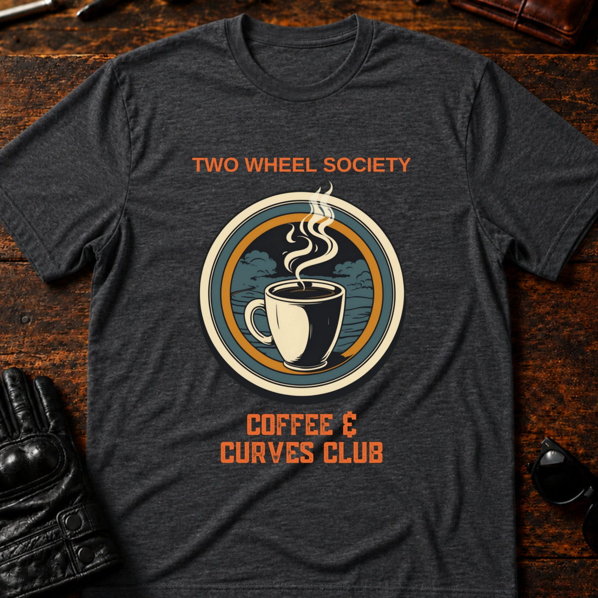 Two Wheel Society Coffee And Curves Club T-Shirt, dark heather