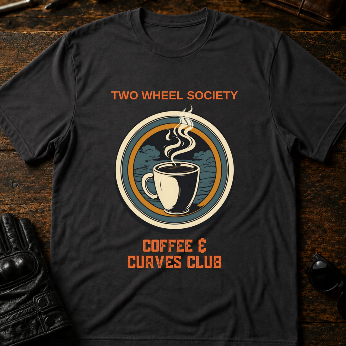 Two Wheel Society Coffee And Curves Club T-Shirt, charcoal