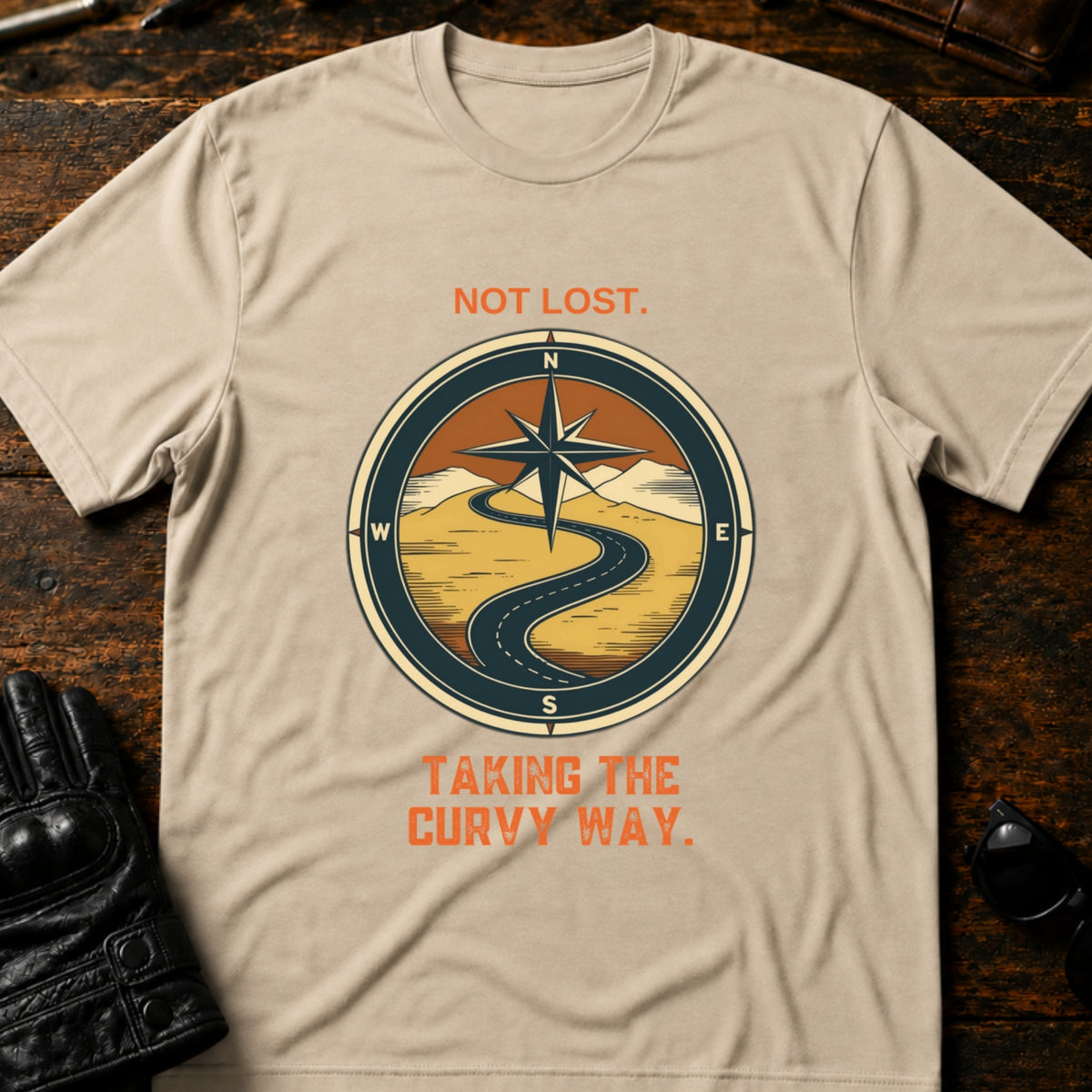 Not Lost Taking The Curvy Way Motorcycle T-Shirt, sand