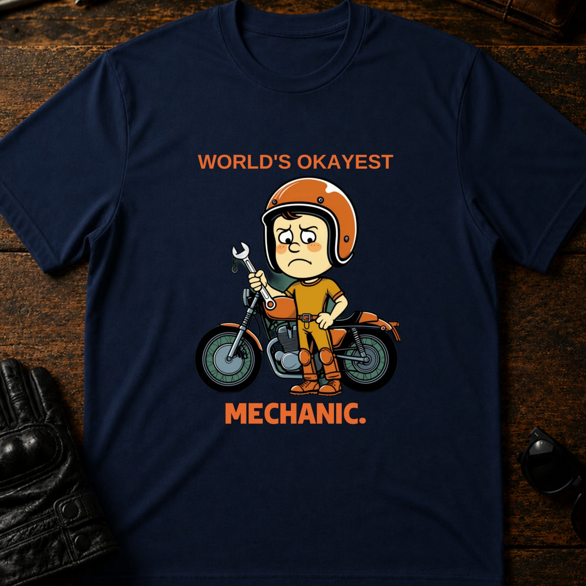 Worlds Okayest Mechanic Funny Motorcycle T-Shirt, navy