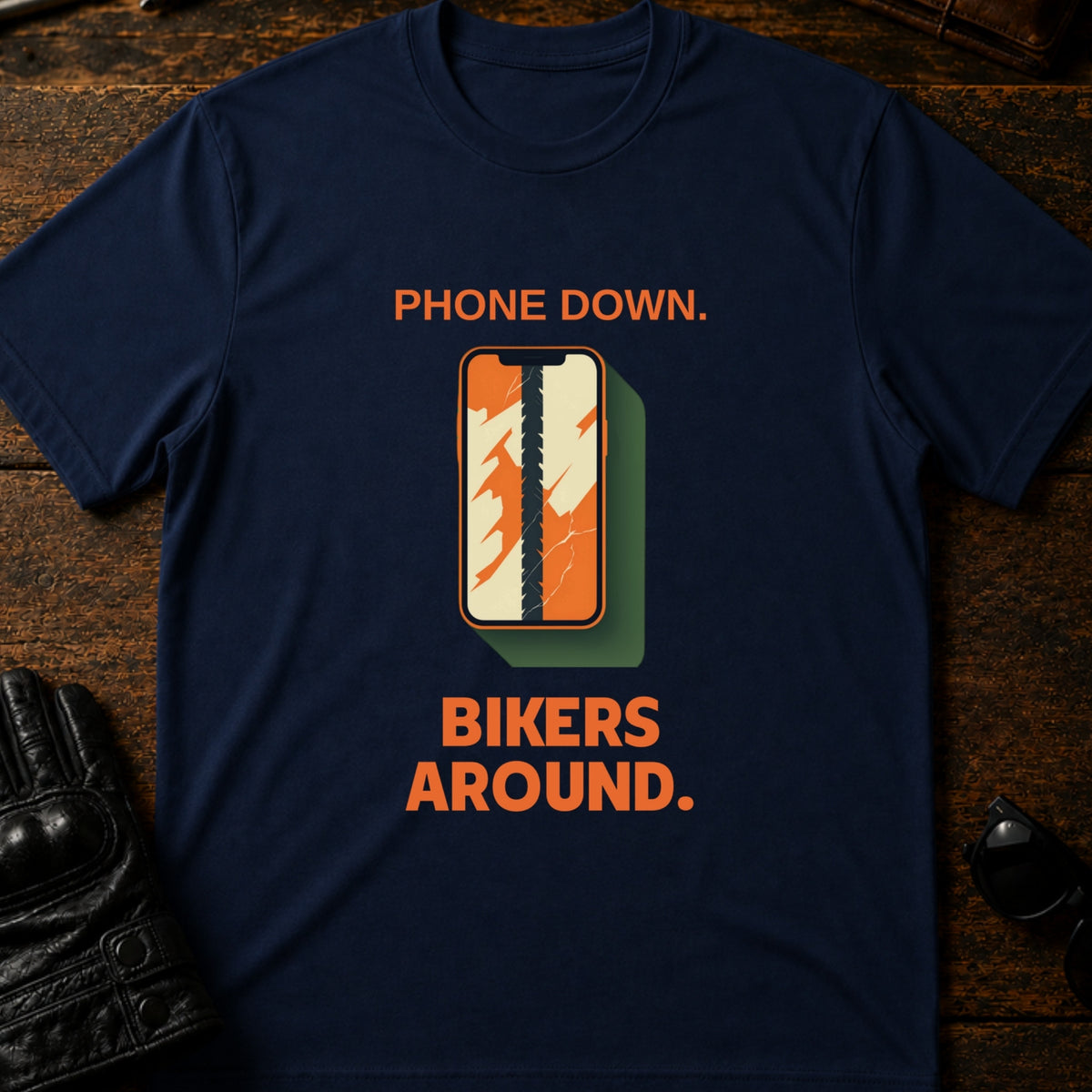 Phone Down Bikers Around Motorcycle Awareness T-Shirt, navy