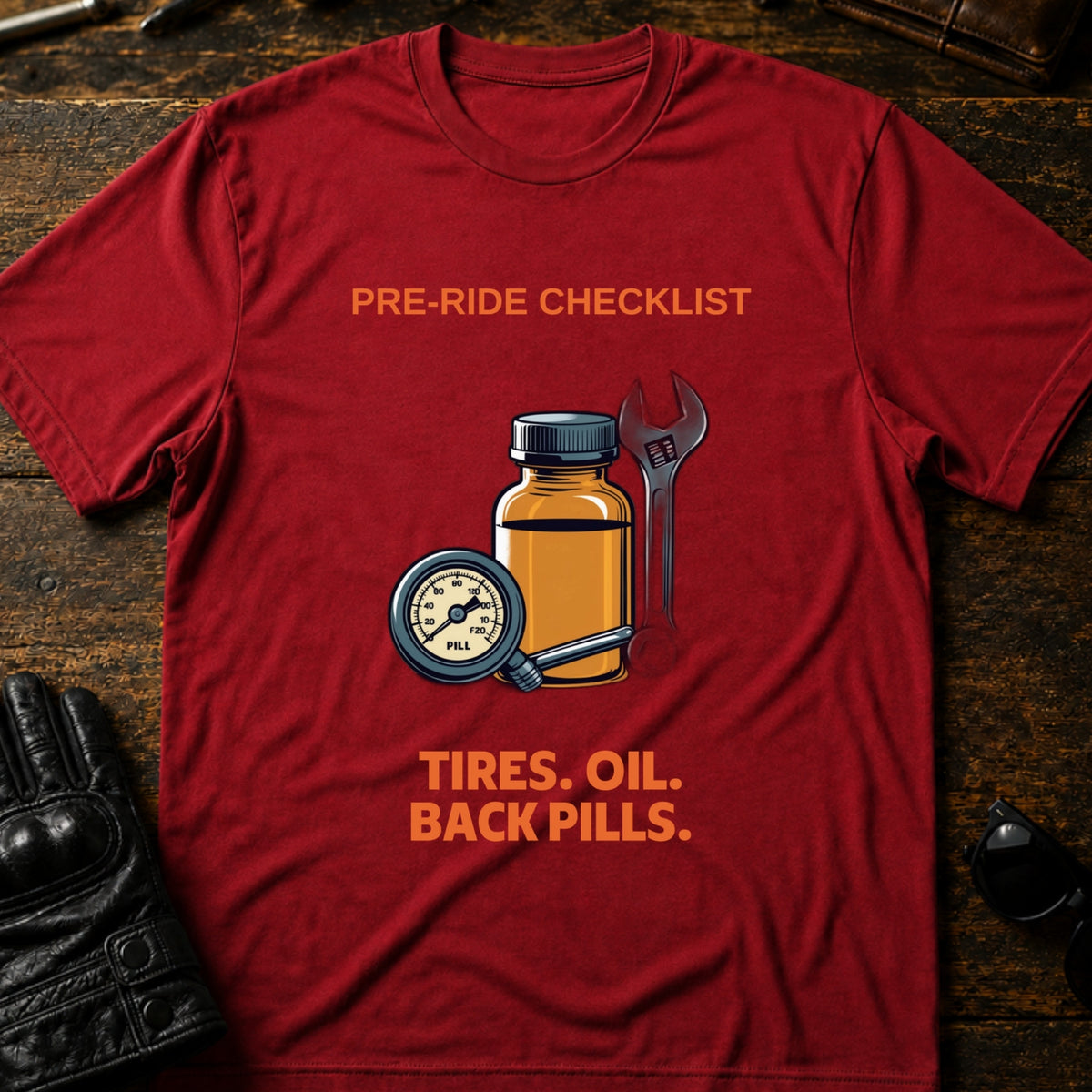 Pre-Ride Checklist Back Pills T-Shirt, cardinal red