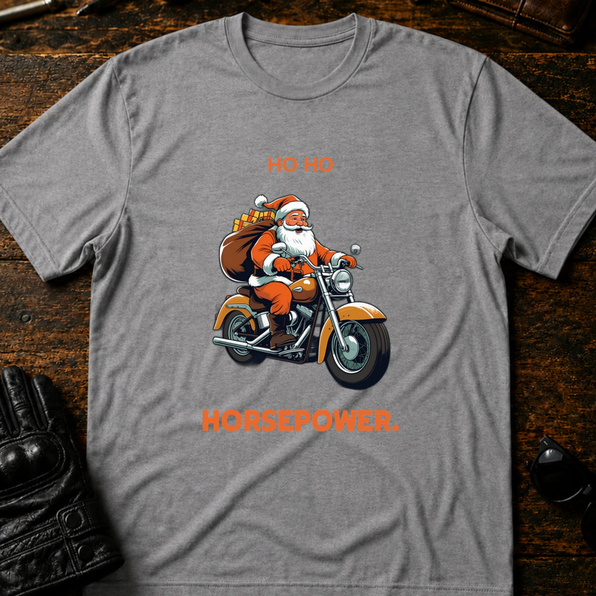 Ho Ho Horsepower Santa Motorcycle Christmas T-Shirt, sport gray