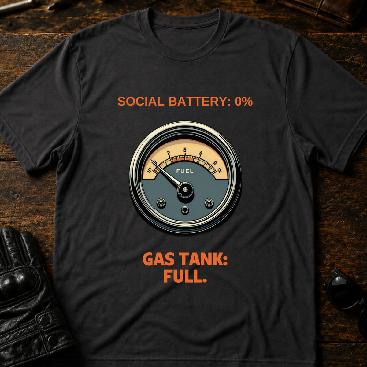 Social Battery Empty Gas Tank Full Introvert Biker T-Shirt, charcoal
