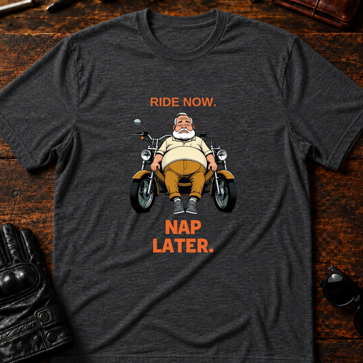 Ride Now Nap Later Grandpa Motorcycle T-Shirt, dark heather