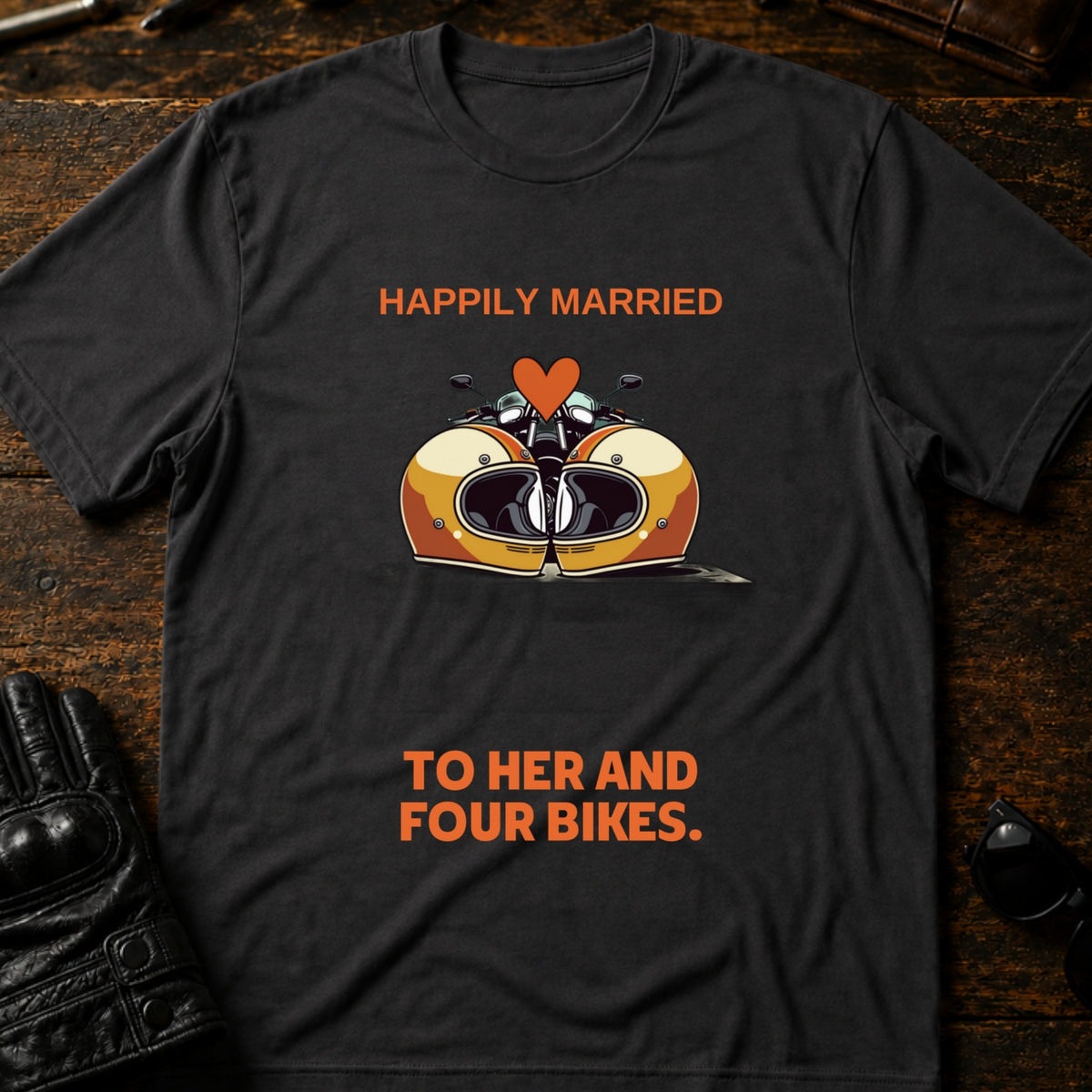 Happily Married To Her And Four Bikes Biker T-Shirt, charcoal
