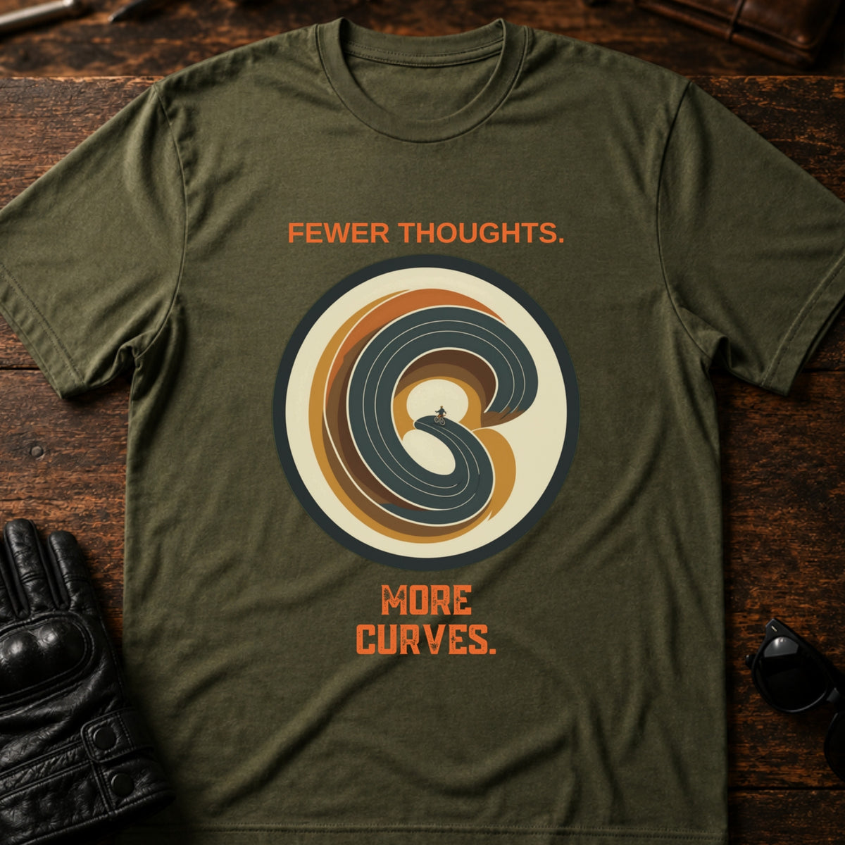 Fewer Thoughts More Curves Motorcycle T-Shirt, military green